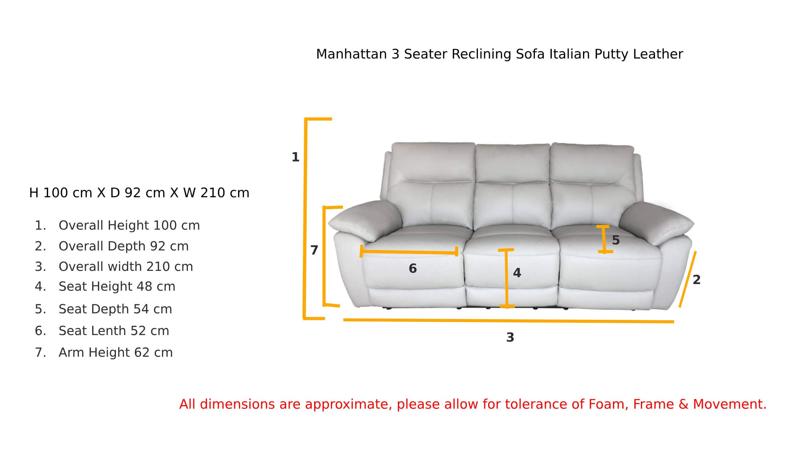 Manhattan 3 Seater Reclining Sofa Italian Putty Leather Dimension