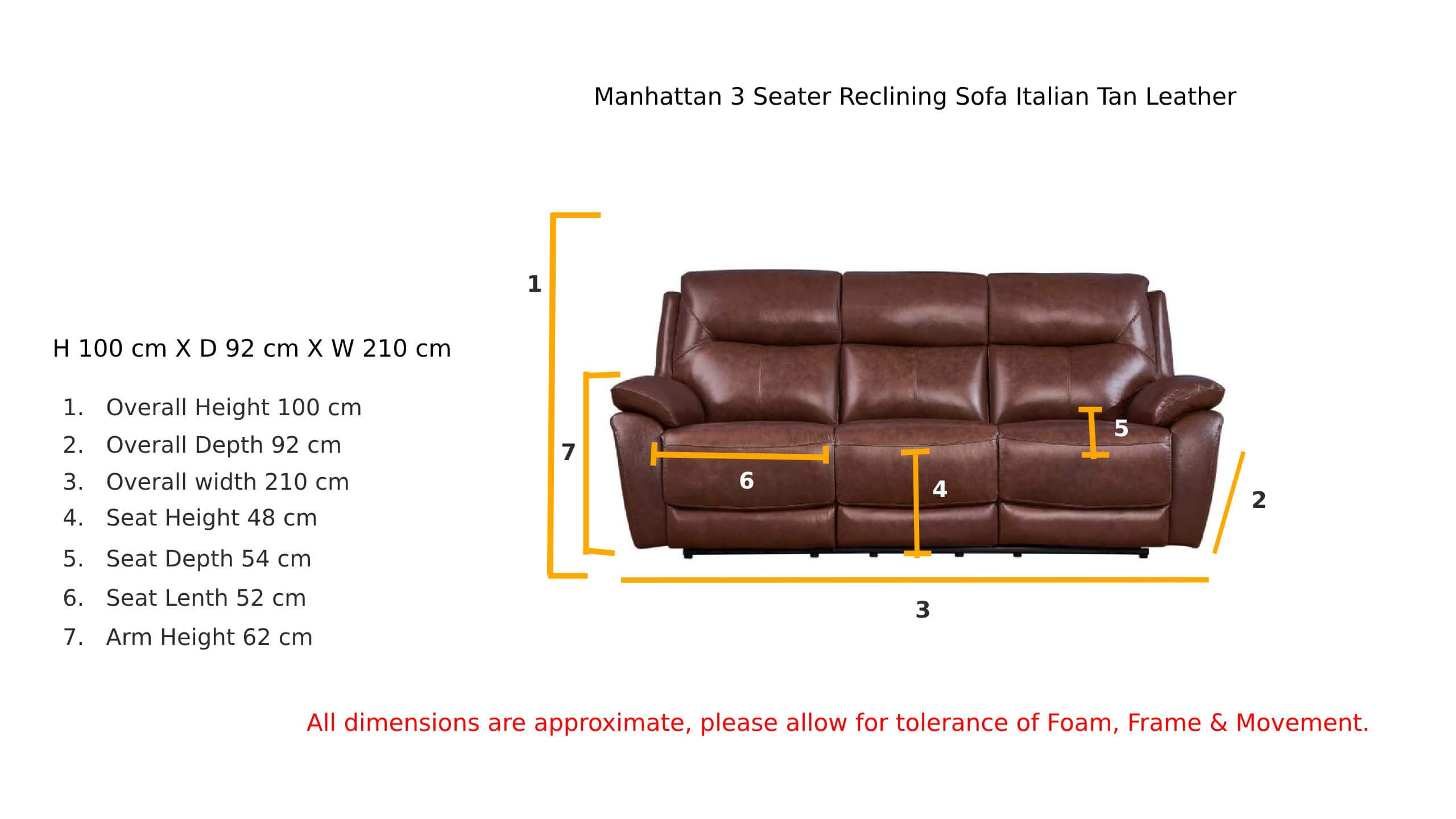 Manhattan 3 Seater Reclining Sofa Italian Tan Leather Dimension