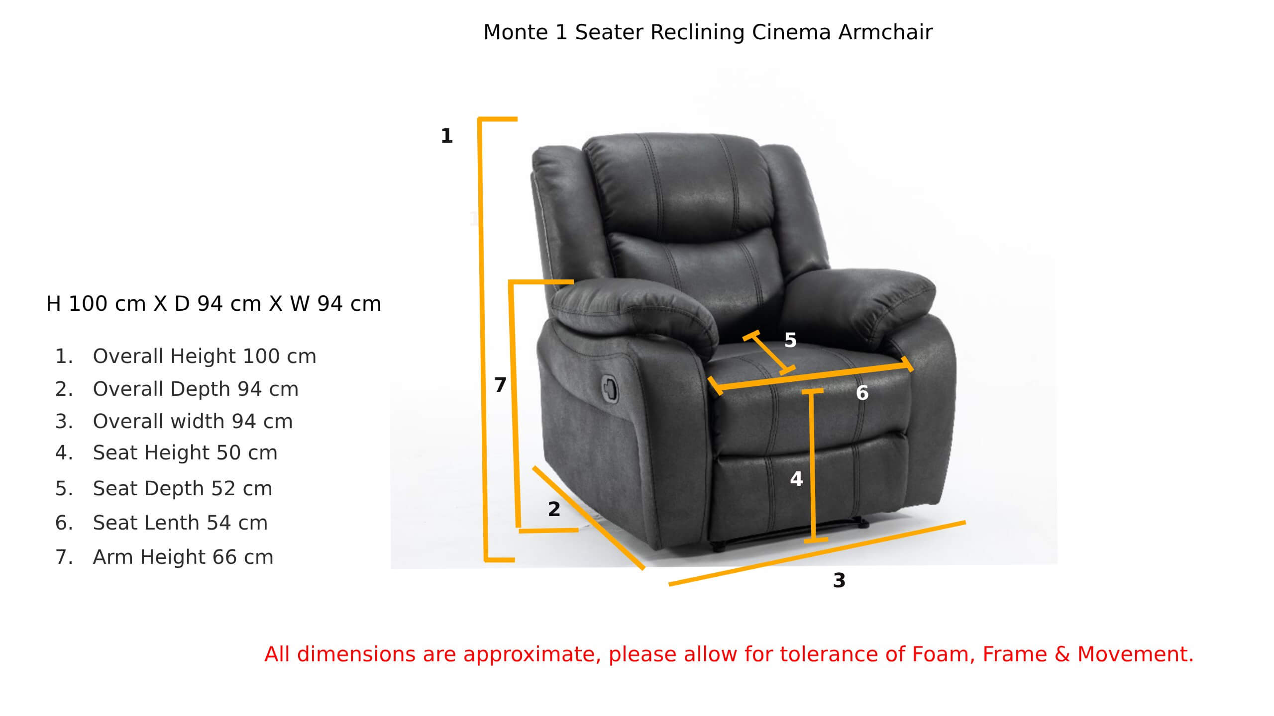 Monte 1 Seater Reclining Cinema Armchair Black Fabric Dimension