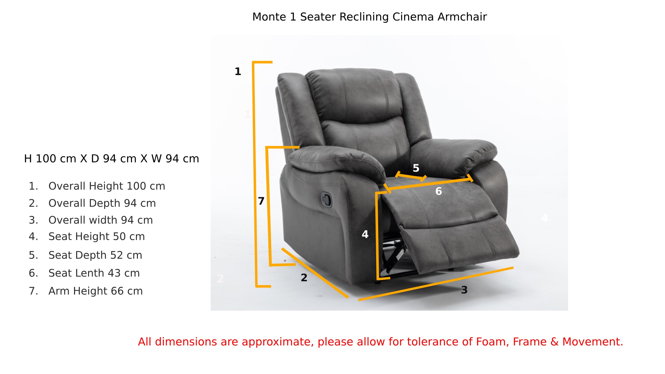 Monte 1 Seater Reclining Cinema Armchair Grey Fabric Dimension