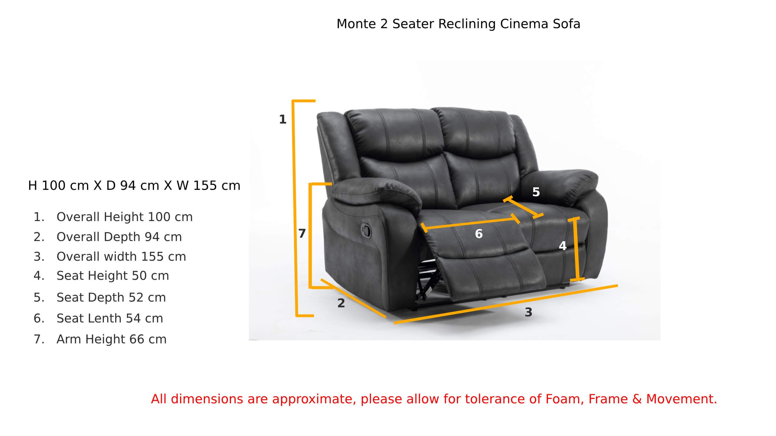 Monte 2 Seater Reclining Cinema Sofa Black Fabric Dimension