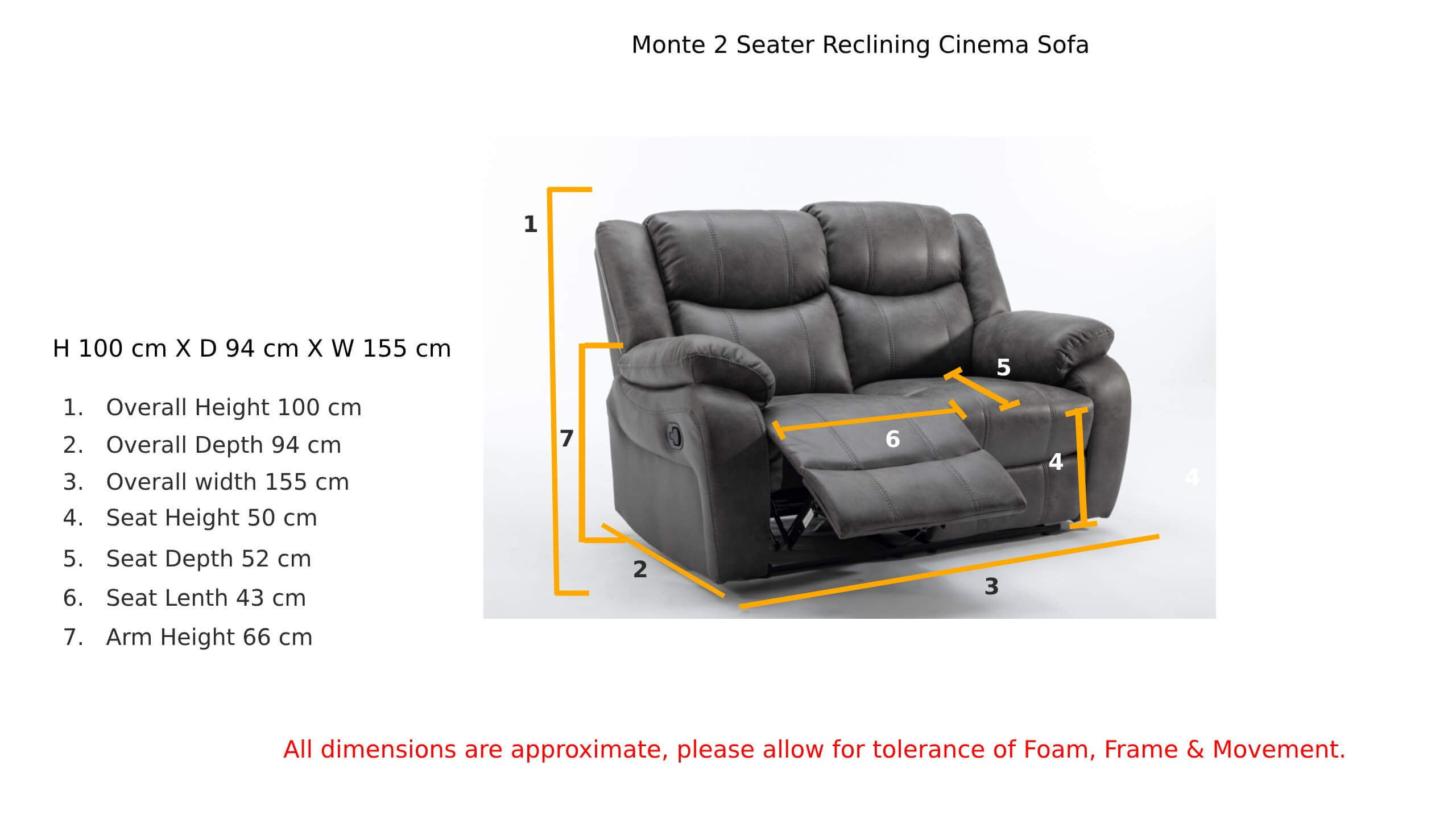 Monte 2 Seater Reclining Cinema Sofa Grey Fabric Dimension