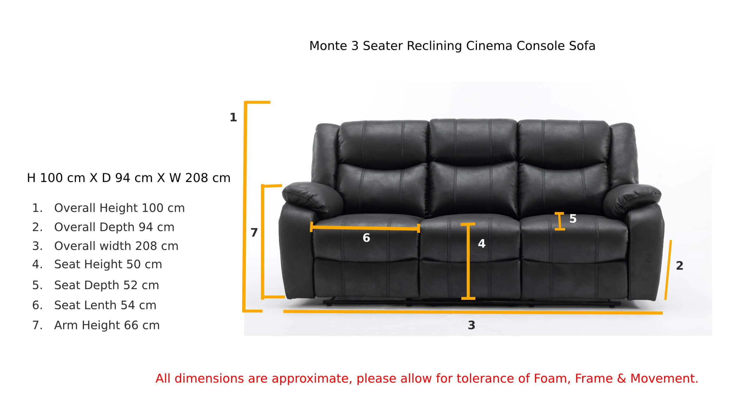 Monte 3 Seater Reclining Cinema Console Sofa Black Fabric Dimension