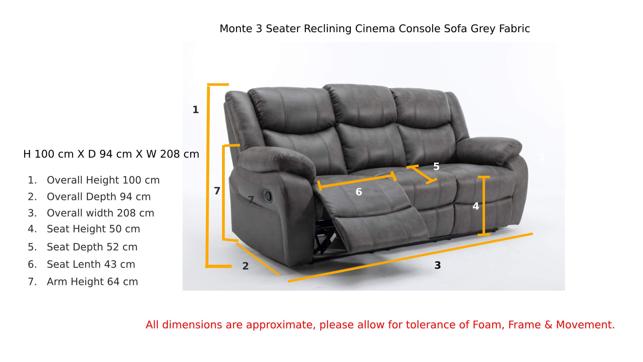 Monte 3 Seater Reclining Cinema Console Sofa Grey Fabric Dimension