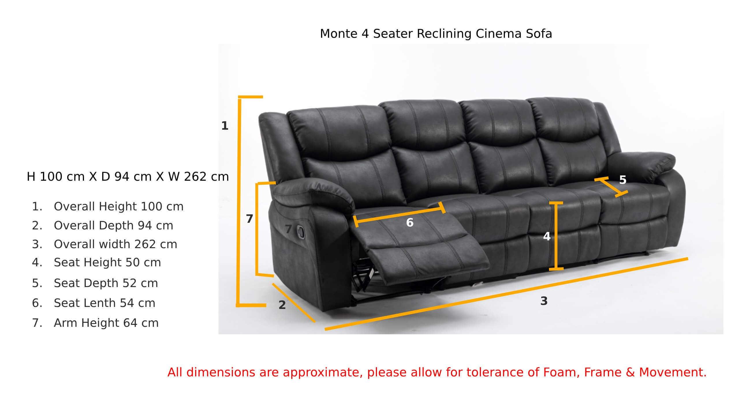 Monte 4 Seater Reclining Cinema Sofa Black Fabric Dimension