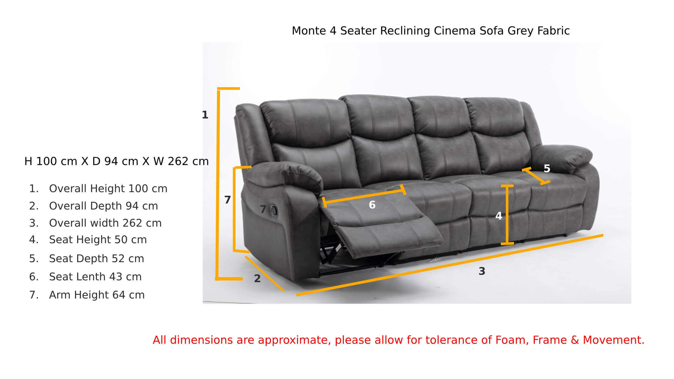 Monte 4 Seater Reclining Cinema Sofa Grey Fabric Dimension