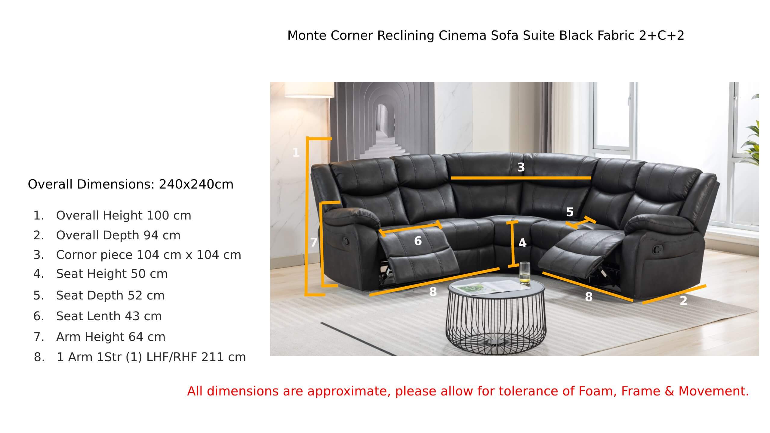 Monte Corner Reclining Cinema Sofa Suite Black Fabric 2+C+2 Dimension