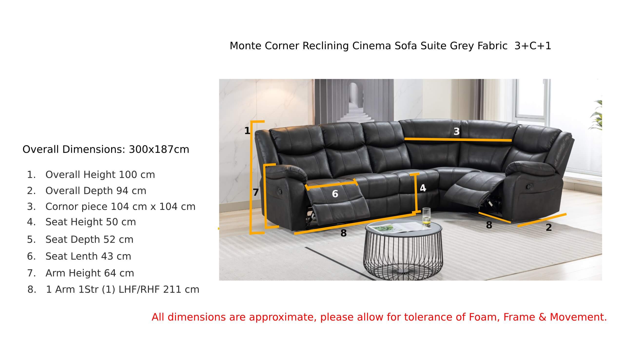 Monte Corner Reclining Cinema Sofa Suite Grey Fabric  3+C+1Dimension