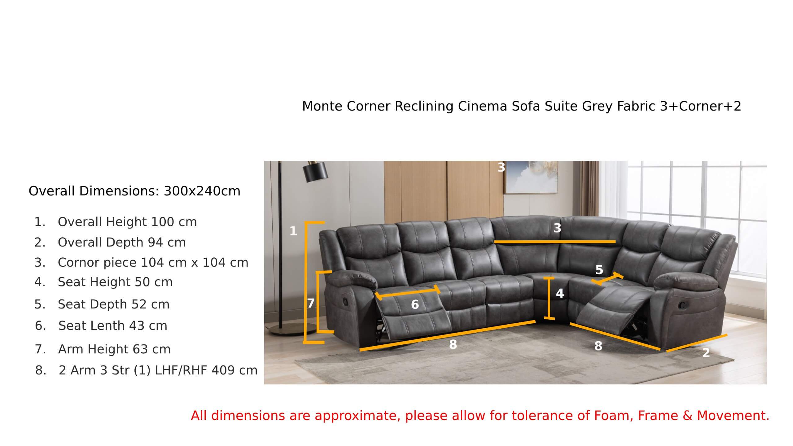 Monte Corner Reclining Cinema Sofa Suite Grey Fabric 3+c+2 Dimension