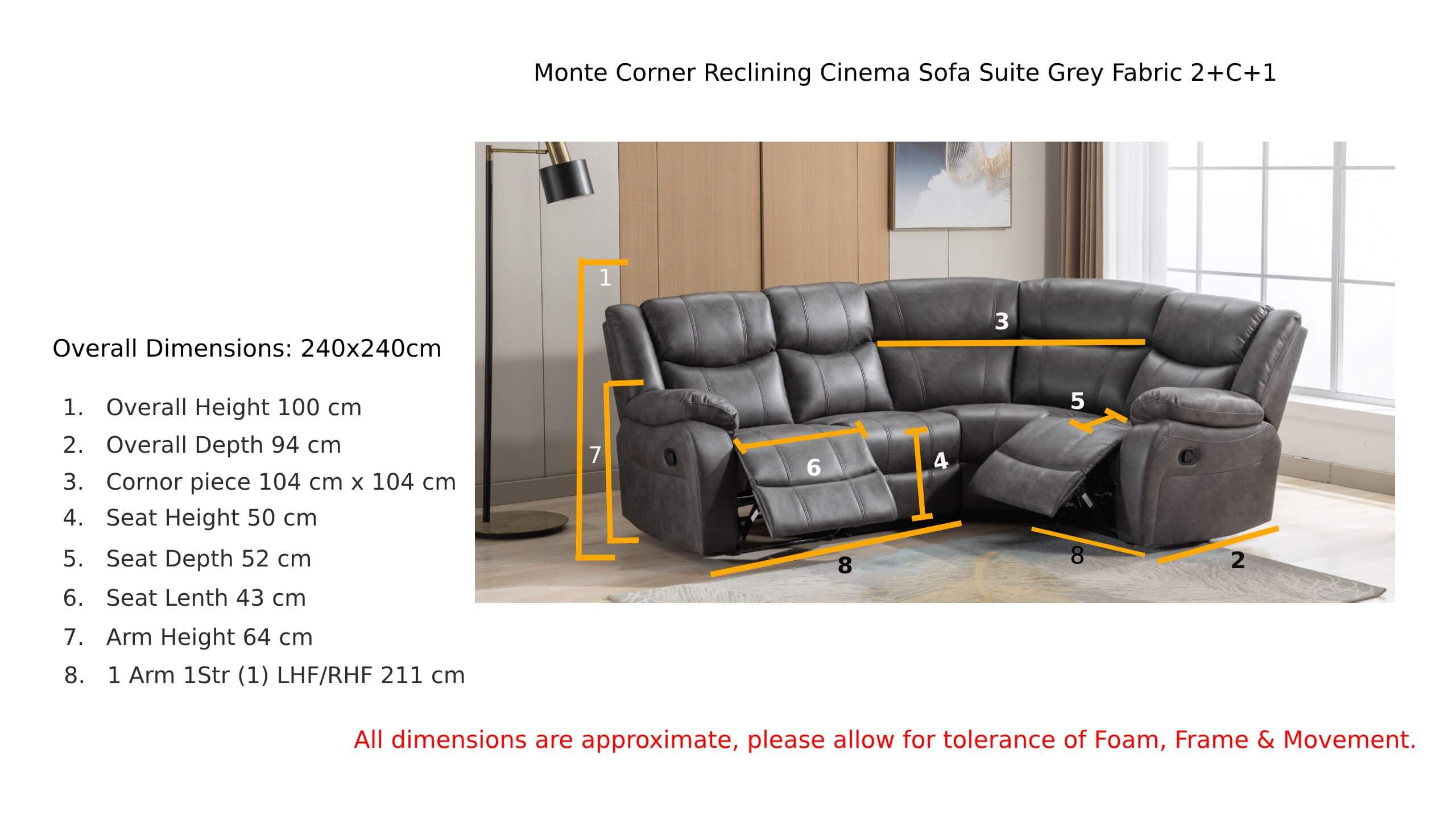 Monte Corner Reclining Cinema Sofa Suite Grey Fabric Dimension