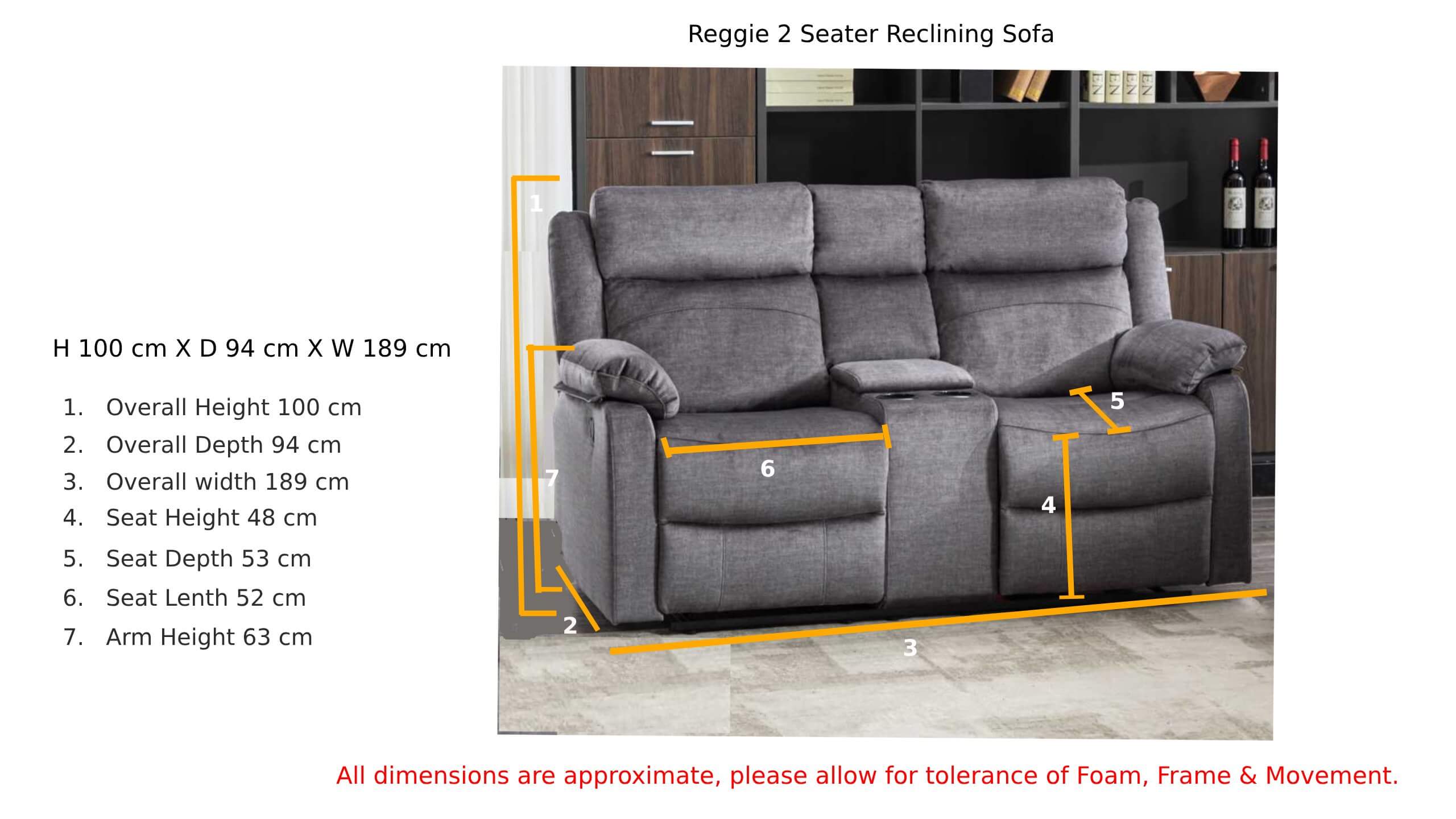 Reggie 2 Seater Reclining Sofa Graphite Grey Fabric Dimension