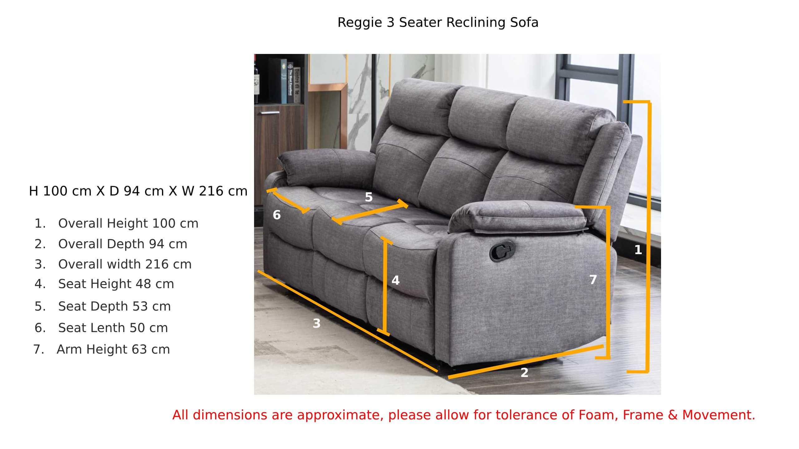 Reggie 3 Seater Reclining Sofa Graphite Grey Fabric Dimension