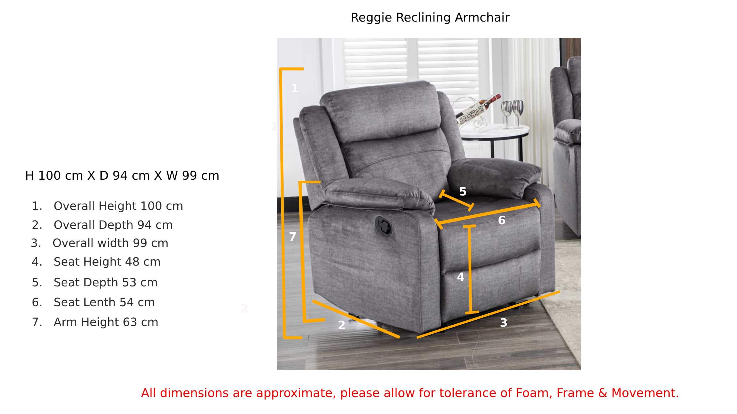 Reggie Reclining Armchair Graphite Grey Fabric Dimension