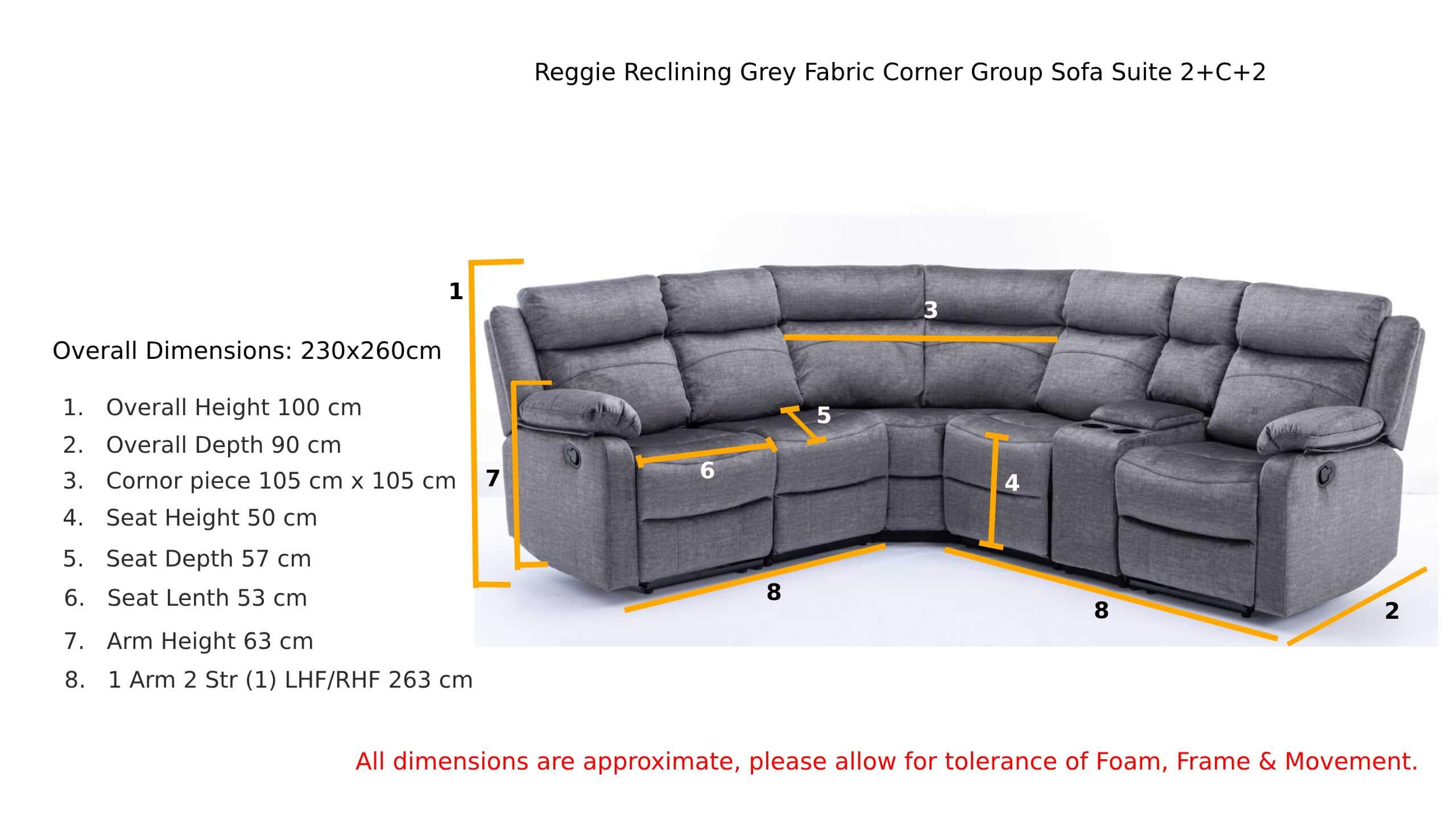 Reggie Reclining Grey Fabric Corner Group Sofa Suite 2c2 Dimension