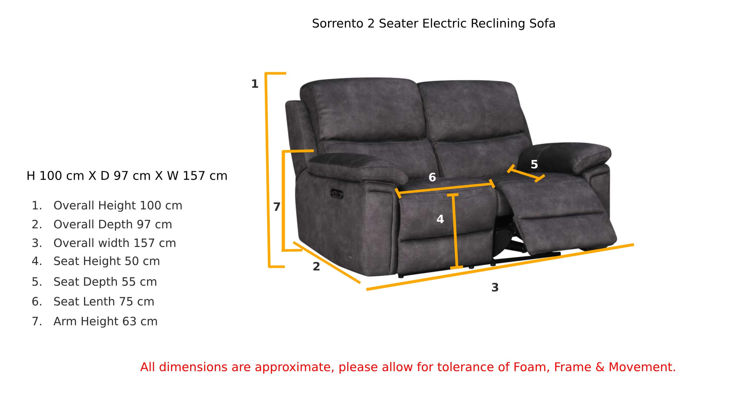 Sorrento 2 Seater Electric Reclining Sofa Grey Dimension