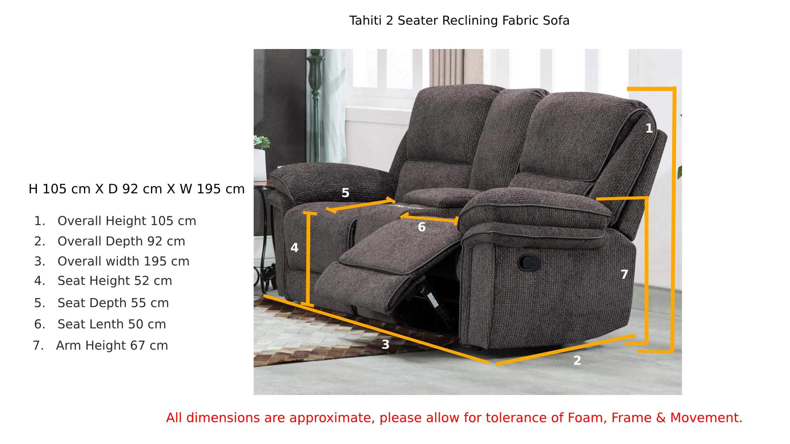 Tahiti 2 Seater Reclining Sofa Grey Fabric Dimension