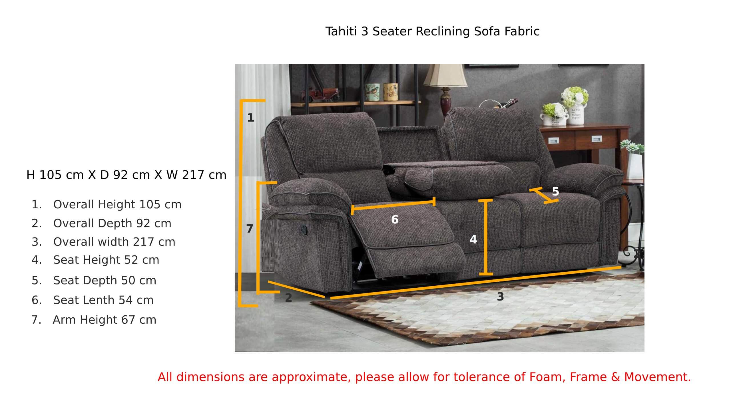 Tahiti 3 Seater Reclining Sofa Grey Fabric Dimension