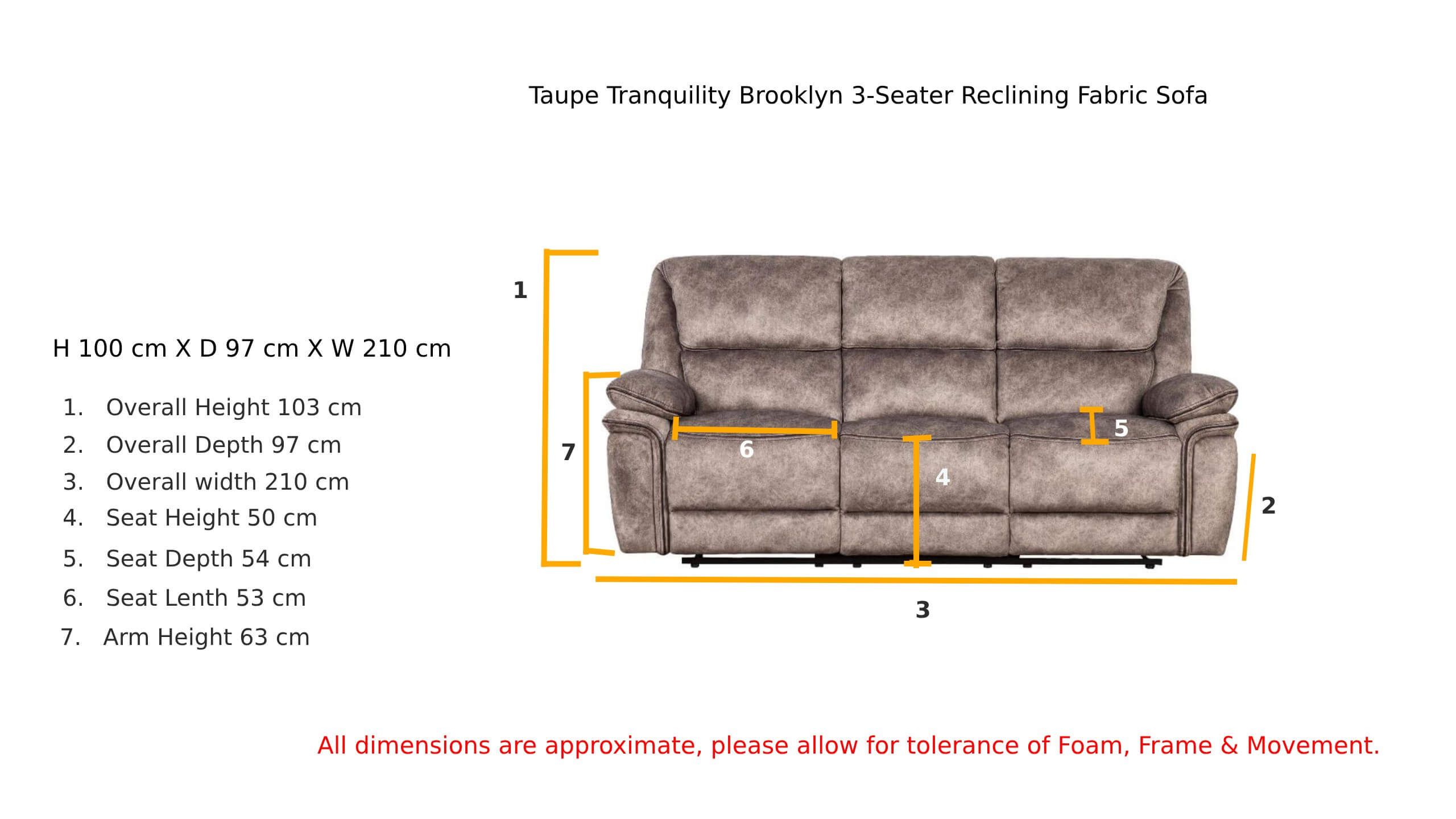 Taupe Tranquility Brooklyn 3-Seater Reclining Fabric Sofa Dimension