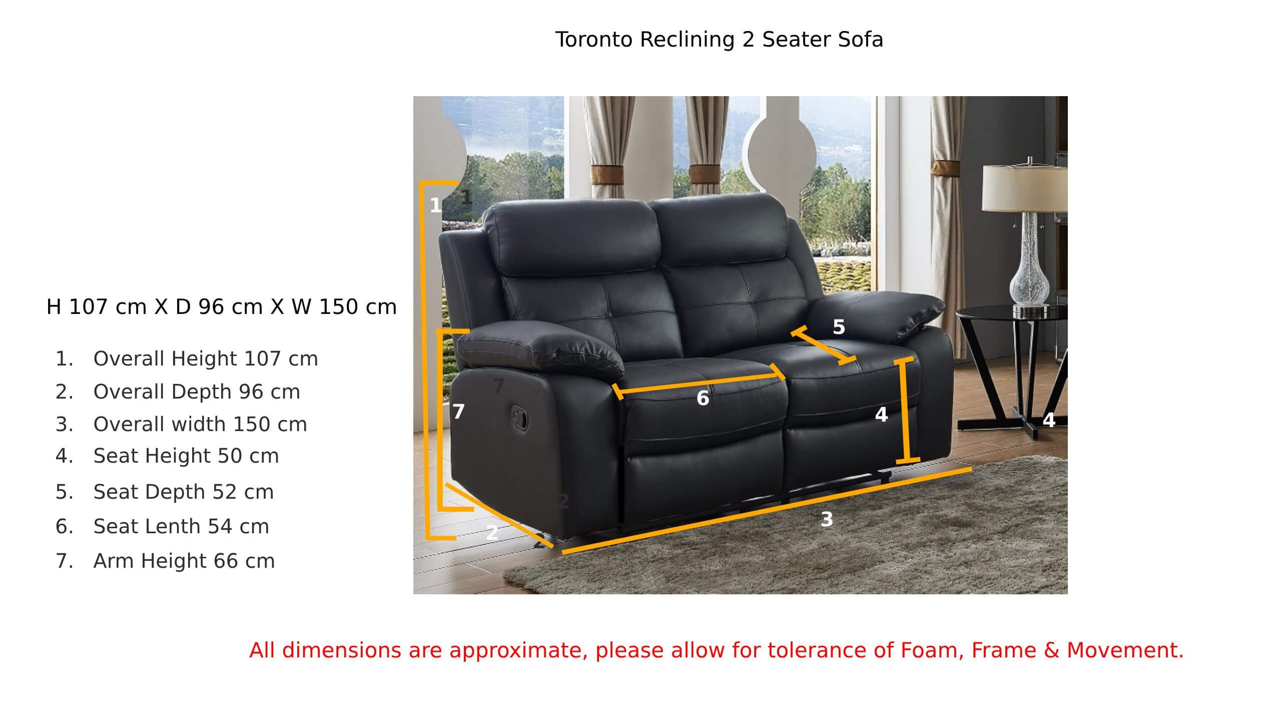 Toronto Reclining 2 Seater Sofa Black Leather Dimension