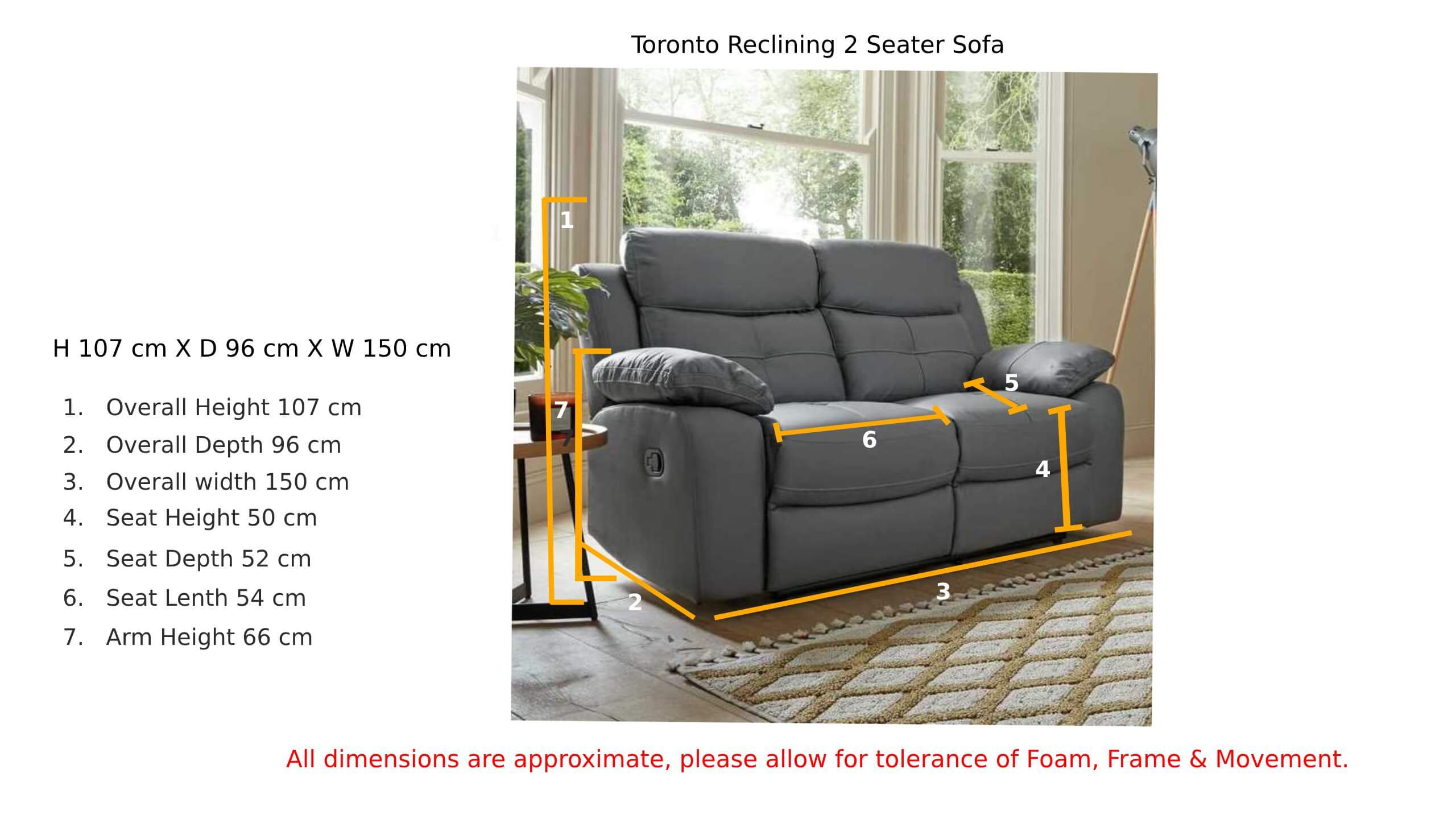 Toronto Reclining 2 Seater Sofa Grey Leather Dimension