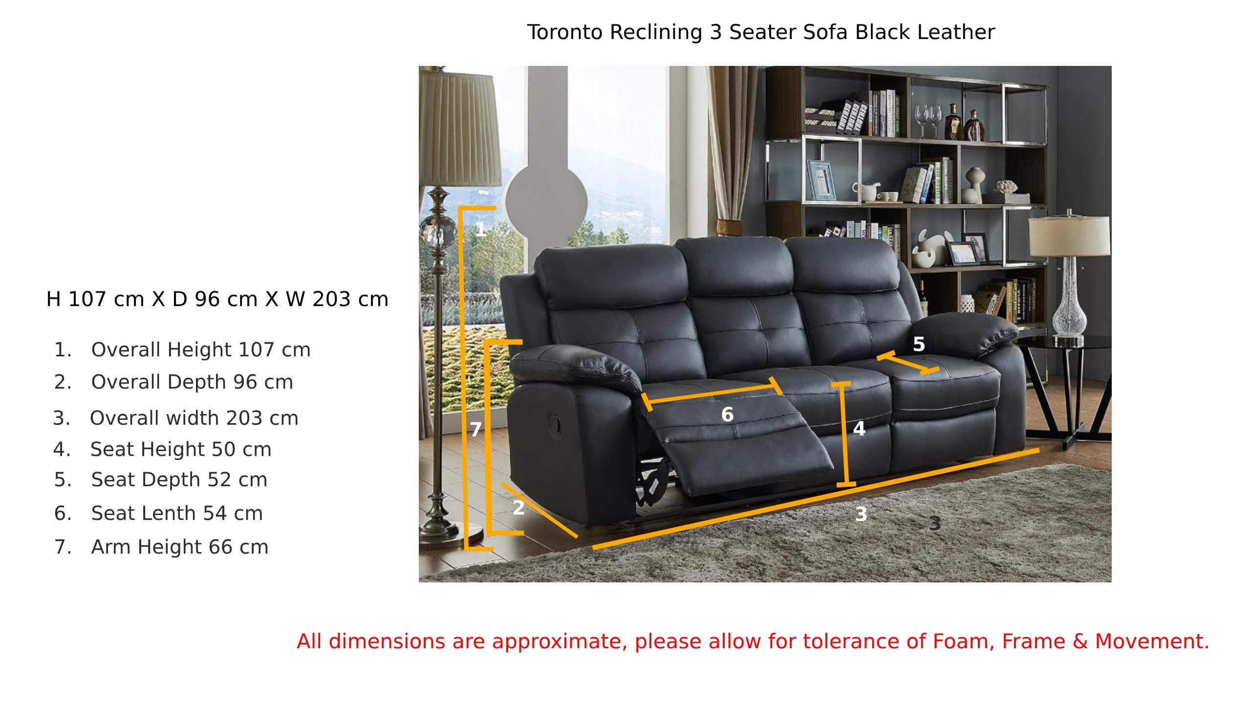 Toronto Reclining 3 Seater Sofa Black Leather Dimension