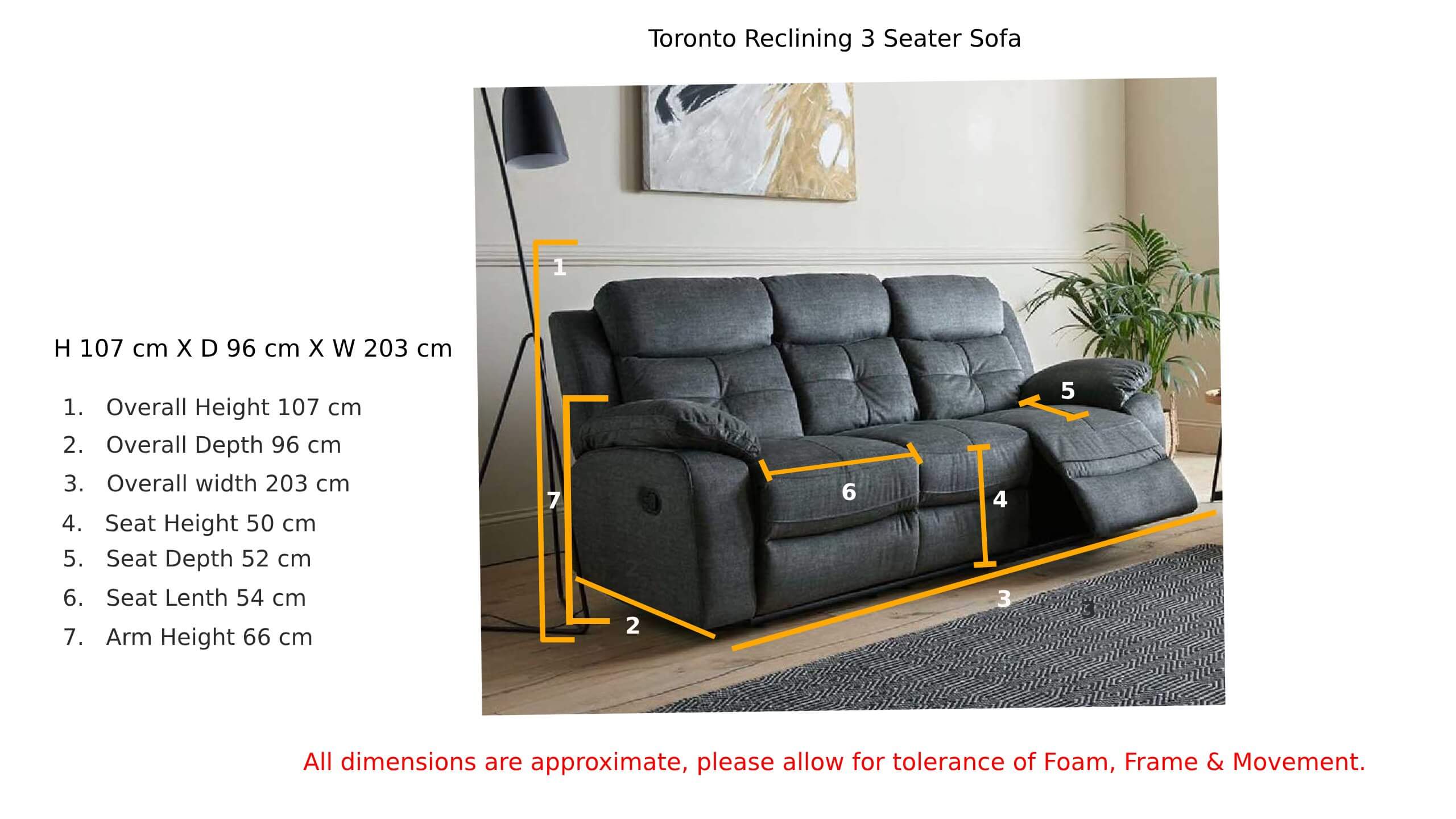 Toronto Reclining 3 Seater Sofa Dark Grey Fabric Dimension