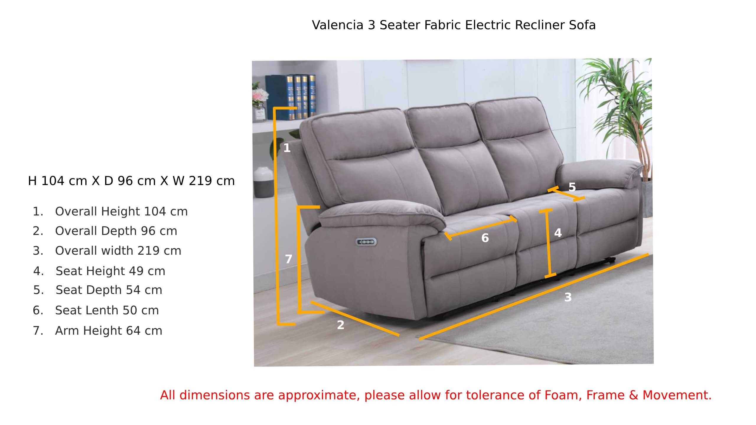 Valencia 3 Seater Grey Fabric Electric Recliner Sofa Dimension