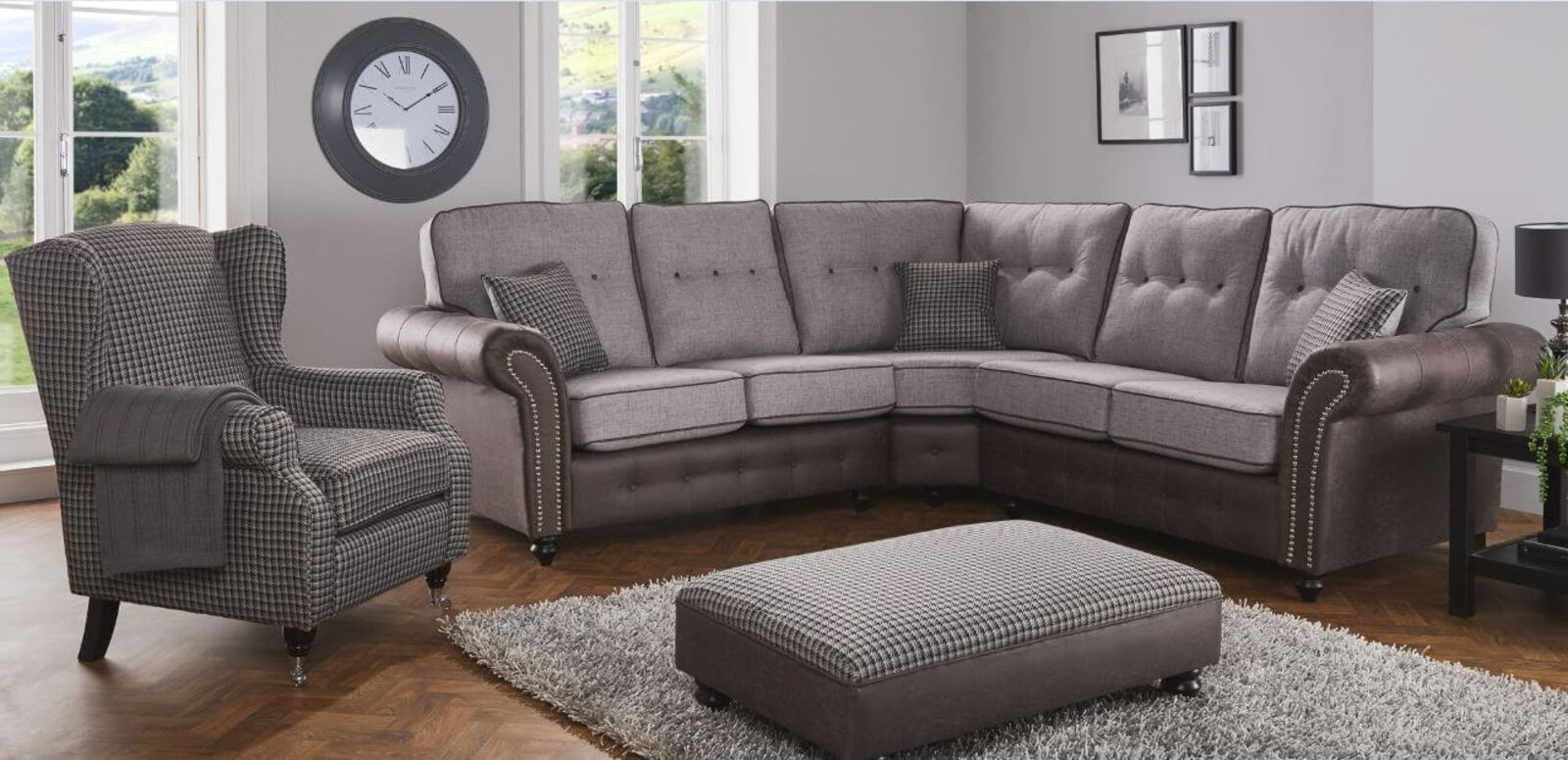Product photograph of Anne Corner Group Modular Sofa Suite In Grampian Seal And Charcoal Grey Fabric from Designer Sofas 4U