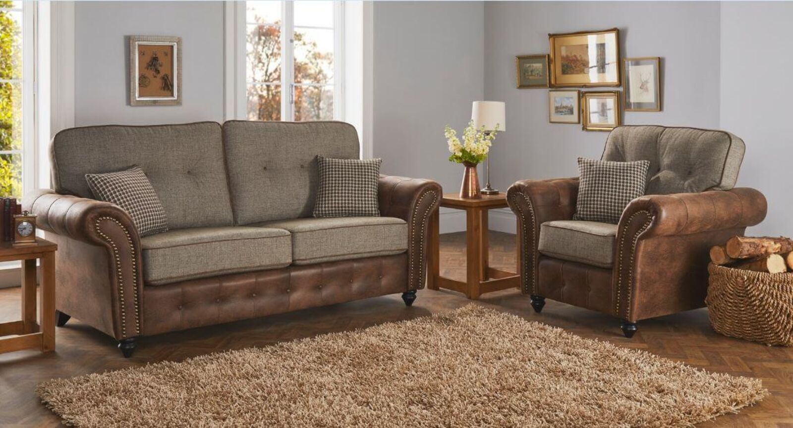 Product photograph of Anne 3 1 1 Fabric Sofa Suite In Grampian Mineral And Tan Fabric from Designer Sofas 4U