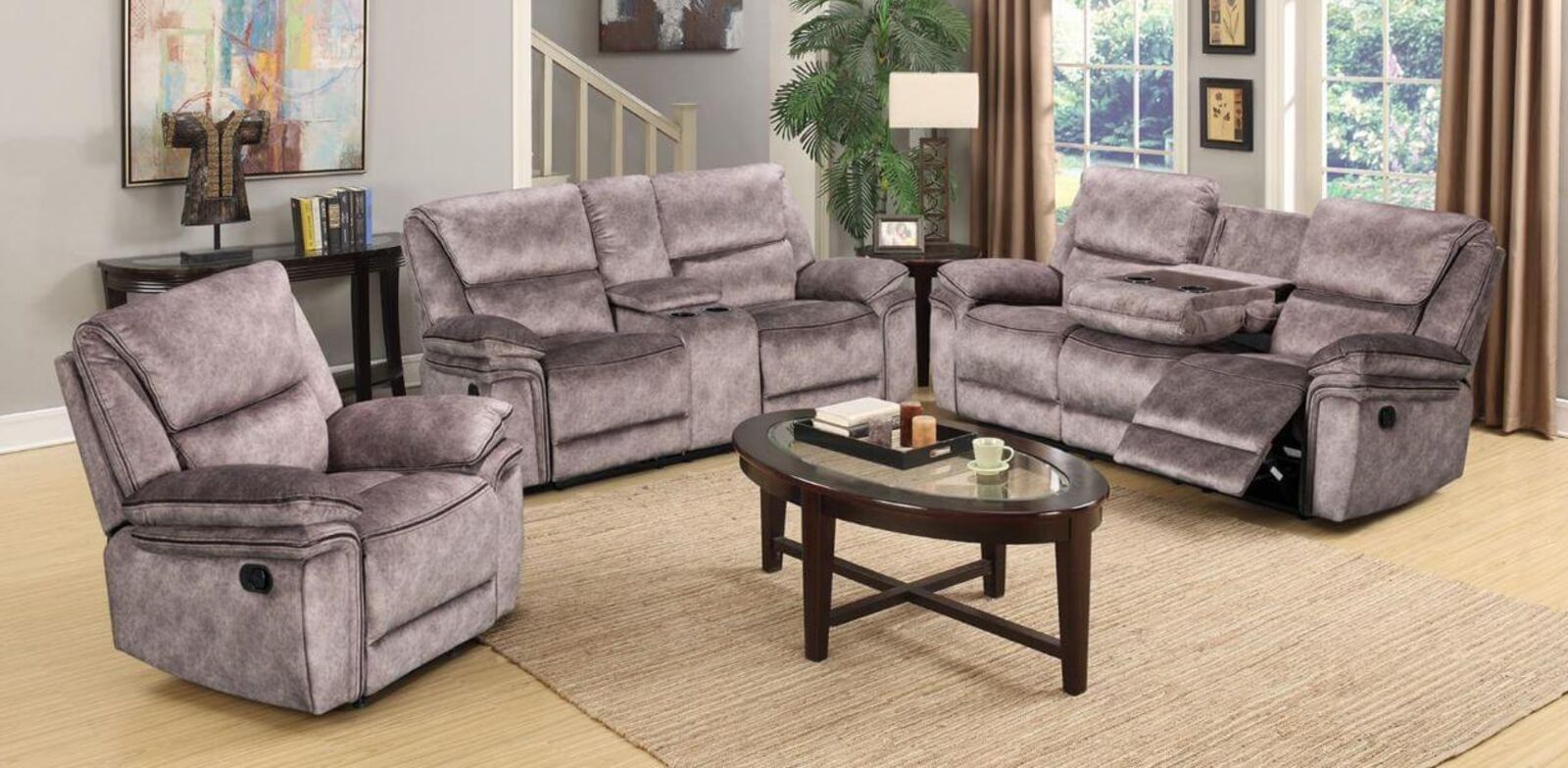 Product photograph of Brooklyn 3 2 1 Seater Reclining Cinema Console Sofa Suite Taupe Fabric from Designer Sofas 4U