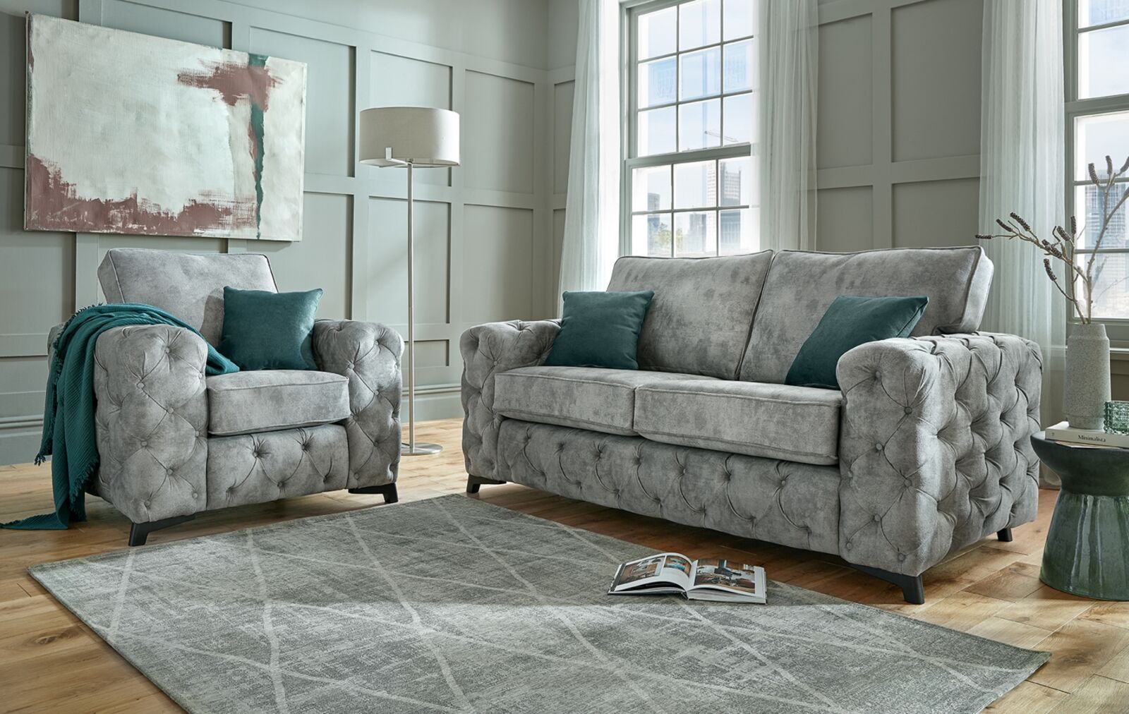 Product photograph of Chesterfield Bishop 3 1 1 Sofa Suite Daytona Silver Fabric from Designer Sofas 4U