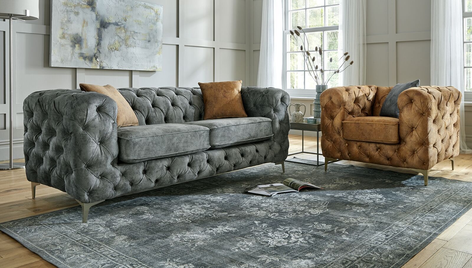 Product photograph of Chesterfield Nobu 3 1 1 Sofa Suite Daytona Grey Fabric from Designer Sofas 4U