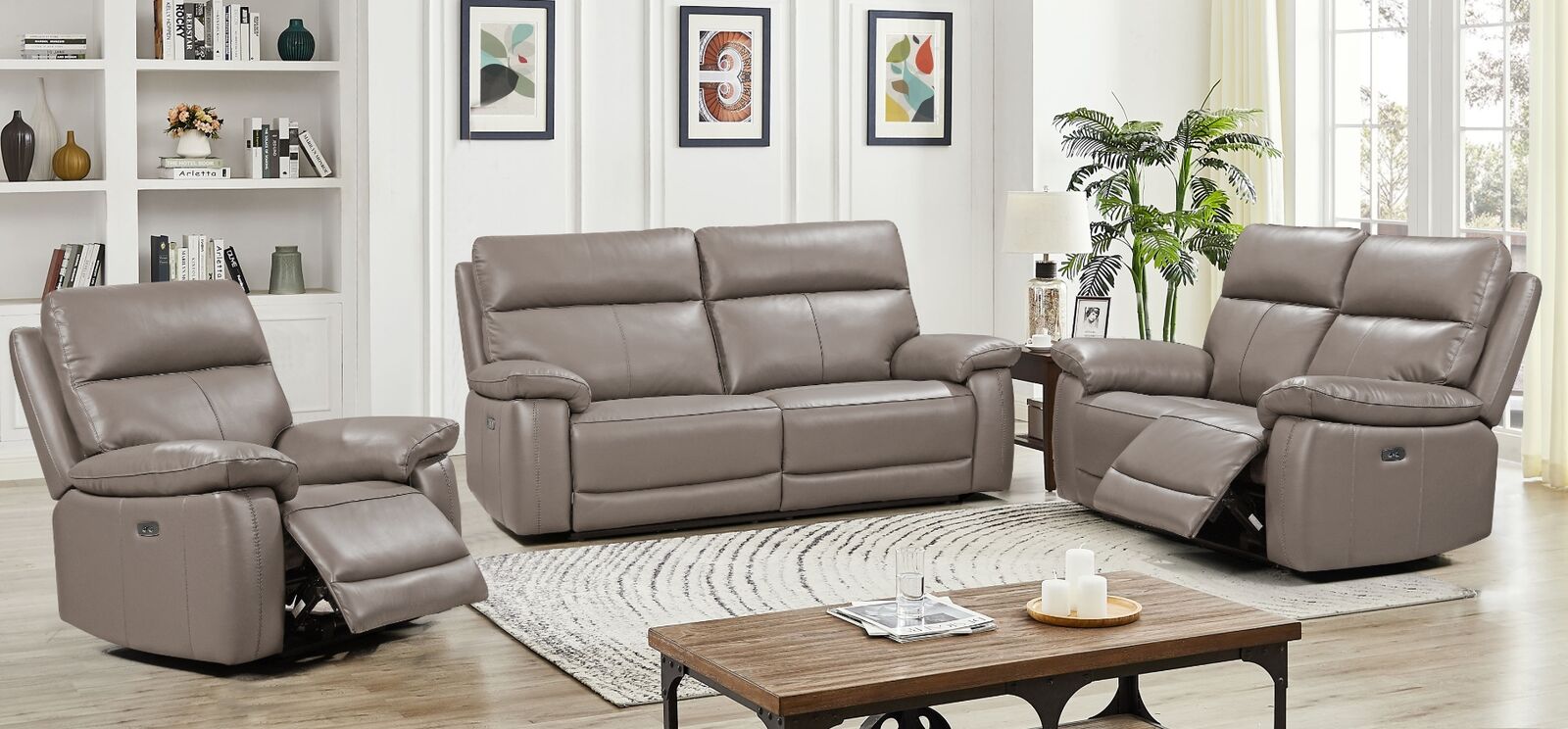 Product photograph of Dallas 3 2 1 Seater Electric Reclining Sofa Suite Latte Leather from Designer Sofas 4U