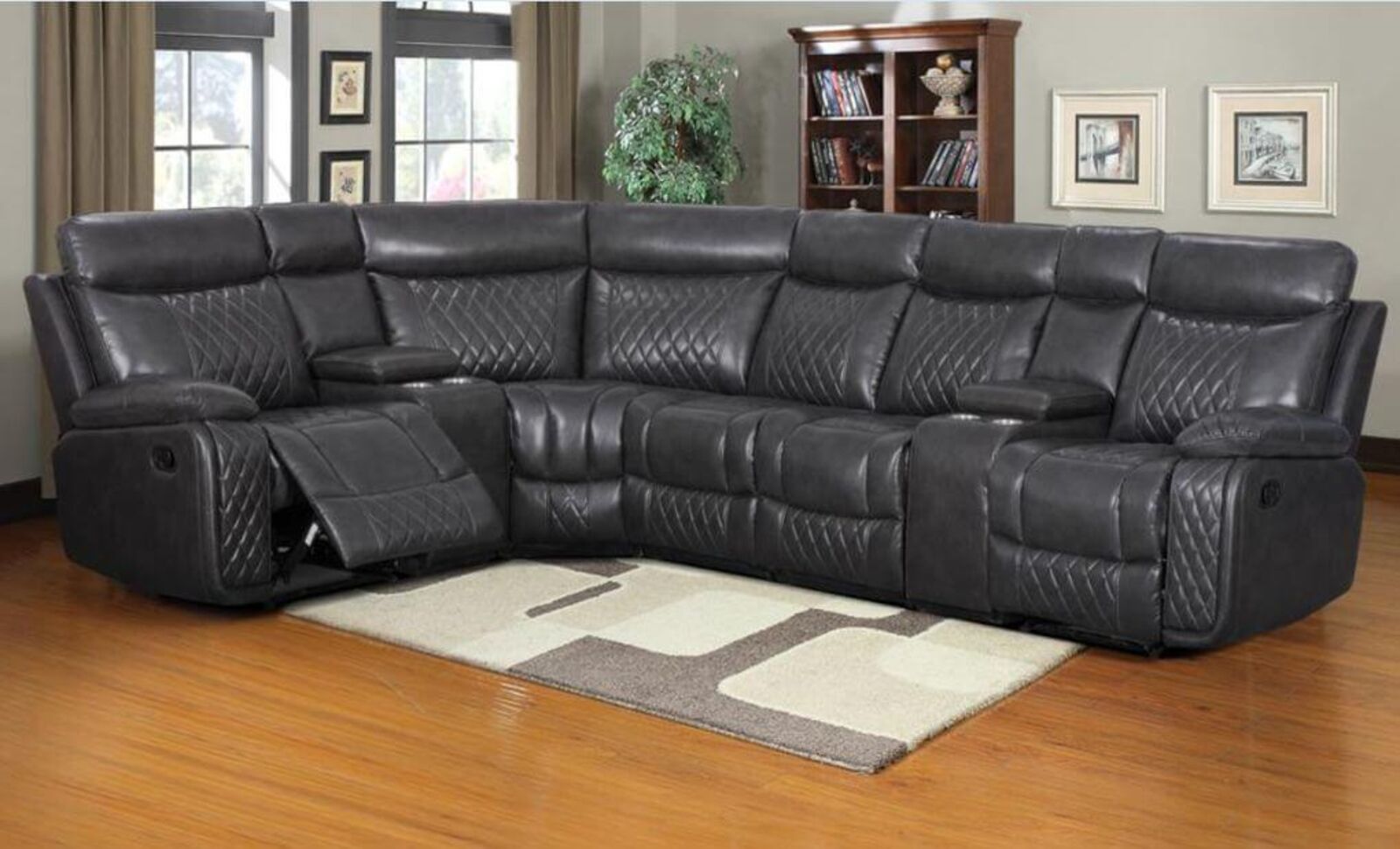 Product photograph of Hampton L Shape Reclining Corner Group Sofa 3 C 1 In Charcoal Grey Leather from Designer Sofas 4U