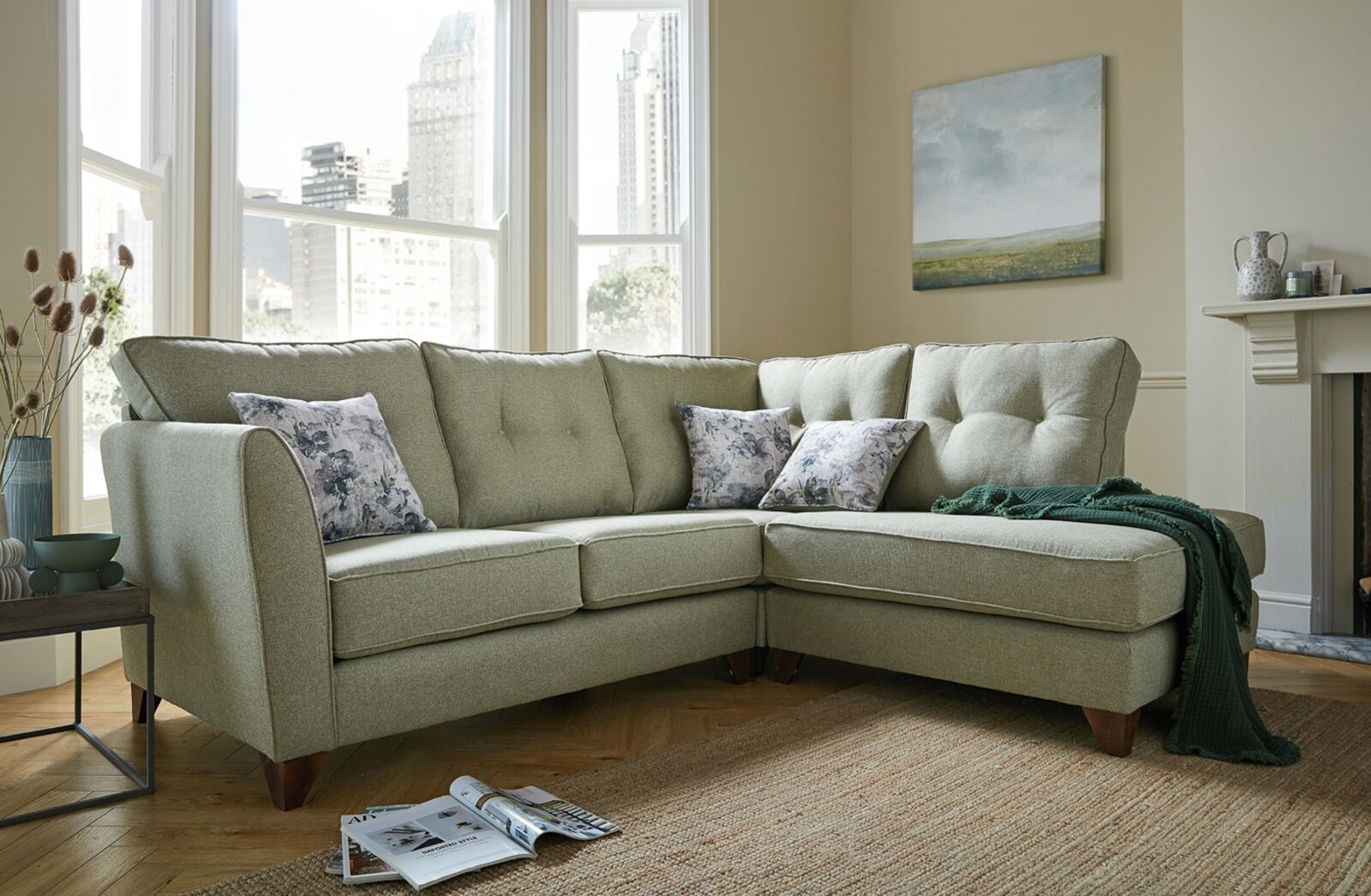 Product photograph of Mary Fabric Square Corner Group Sofa Reform Sage Green 2 Corner Chaise from Designer Sofas 4U