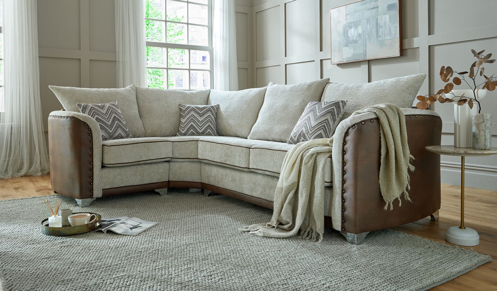 Product photograph of Oldham Fabric Corner Sofa In Olivia Ivory 3 Corner 1 from Designer Sofas 4U