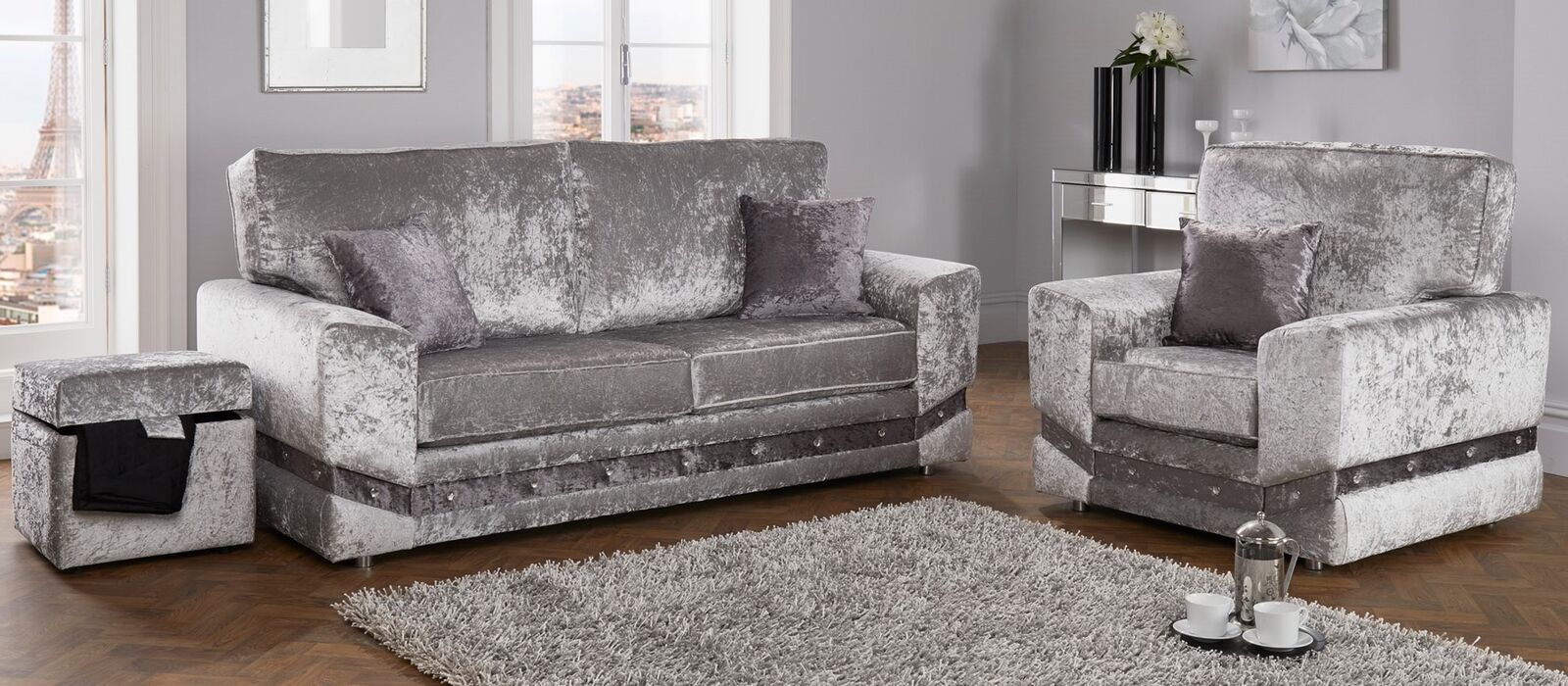Product photograph of Sophie Diamante Crystal 3 1 Seater Fabric Sofa Suite In Shimmer Silver from Designer Sofas 4U